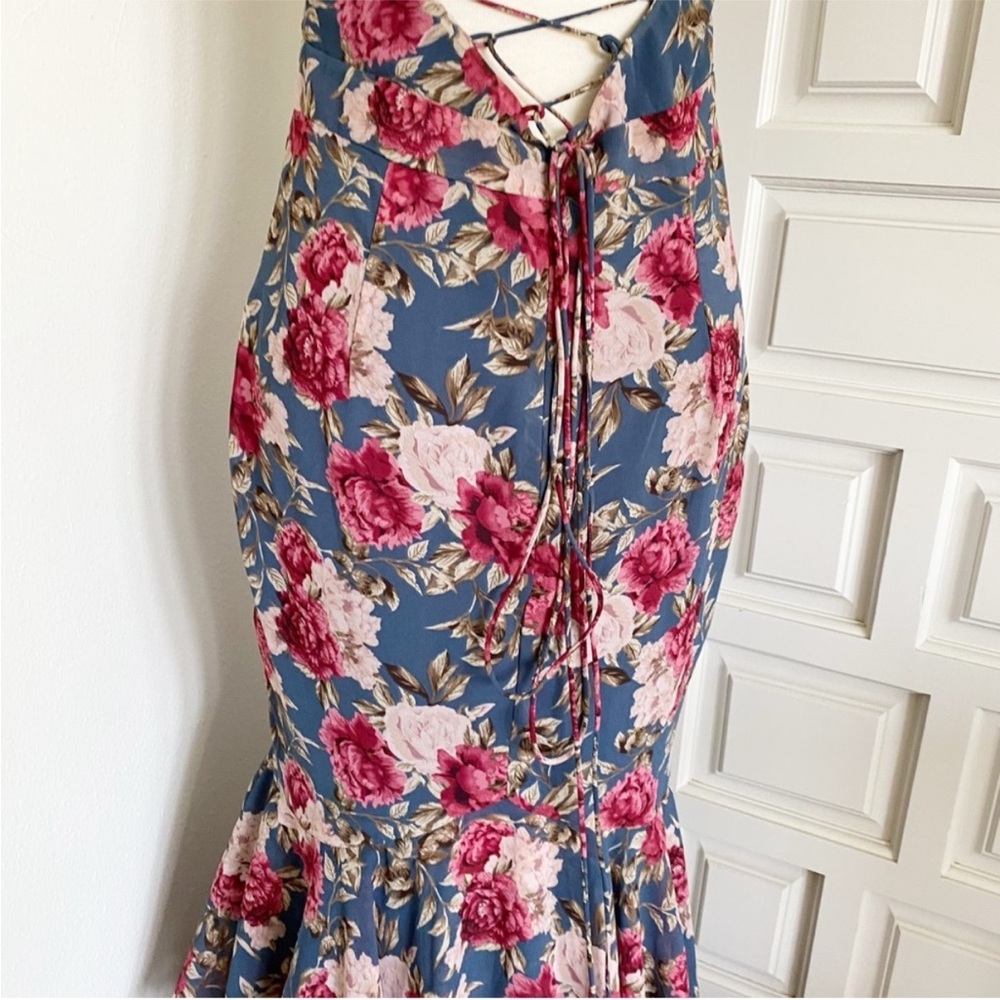 Long Maxi Mermaid Style Dress Blue Pink Floral Corset Lace Up Ruffles - Picture 7 of 15